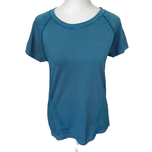 Athleta Teal Mini Stripe Momentum Seamless Short Sleeve Tee Womens Size Medium - Picture 1 of 5